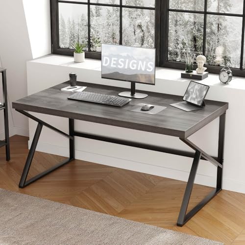 HSH Industrial Home Office Desk, Metal and Wood Computer Desk, Rustic Vintage Soho Work Study Writing Table, Modern PC Desk for Livingroom Bedroom, Farmhouse Computer Table Grey 55 inch Wide - color: Dark Gray Oak, size: 55 Inch