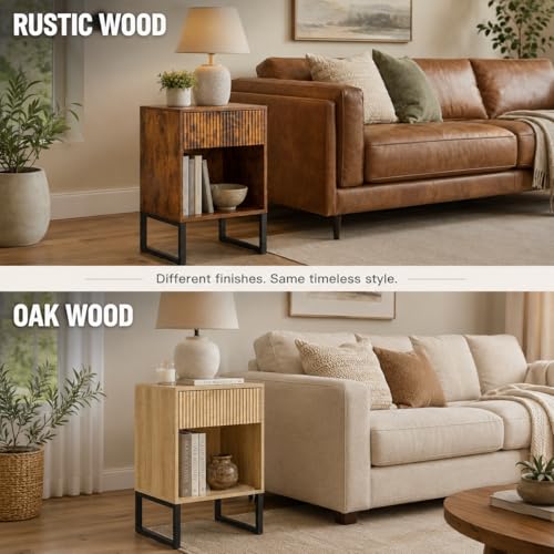 Rustic Brown Nightstand with Fluted Drawer, Wood Bedside Table with Storage Shelf, Mid Century Modern End Table with Metal Legs for Bedroom, Living Room, Sofa Side & Small Spaces