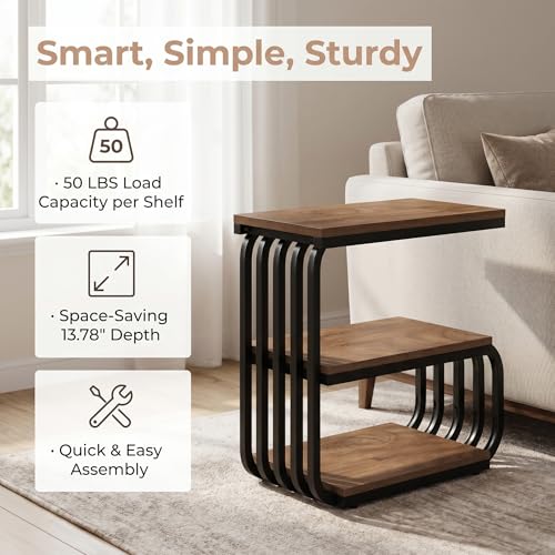 Tribesigns Small Narrow End Table with Storage Shelf, Industrial Side Tables with Curved Metal Frame, 3-Tier Accent Table and Nightstand for Living Room, Bedroom, Small Space (1, Brown) - color: Brown