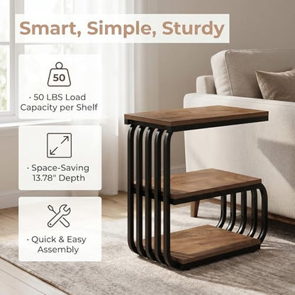 Tribesigns Small Narrow End Table with Storage Shelf, Industrial Side Tables with Curved Metal Frame, 3-Tier Accent Table and Nightstand for Living Room, Bedroom, Small Space (1, Brown) - color: Brown
