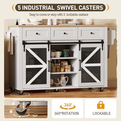 Kitchen Island with Storage, 55" Kitchen Cart with Charging Station, Rolling Kitchen Island Table with Drop-Leaf, 3 Drawers, Barn Doors, Towel Rack and Spice Rack, White and Natural - color: White + Natural