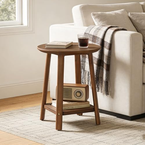 Solid Wood Side Table, 2-Tier Small Round End Table with Storage Shelf, Farmhouse Nightstand for Small Spaces, Living Room, Bedroom, Walnut