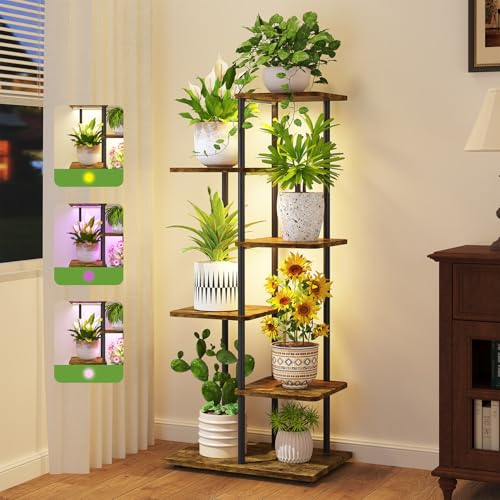 iDavosic.ly 5 Tier Plant Stand Indoor with Light, Tiered Corner Metal Wood Multiple Flower Holder Shelf, 42 Inch Tall Orchid Display Grow Rack for Living Room Bedroom, Modern Black & Rustic Brown - color: Rustic Brown with Light, size: 5 Tier