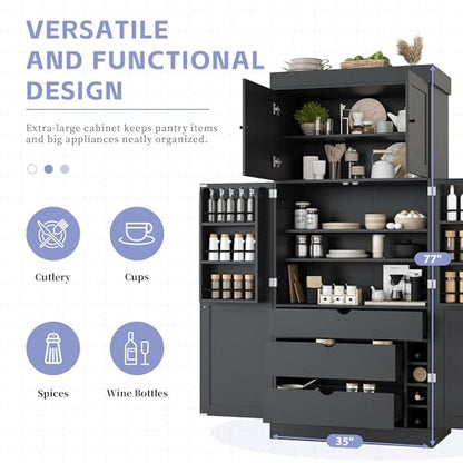 Polibi 77" Tall Freestanding Kitchen Pantry Cabinet, 35" L x 17.7" W Modern Shaker Style Storage Cupboard with Adjustable Shelves, Wine Racks, Drawers, Door Shelves, Grey - color: Grey