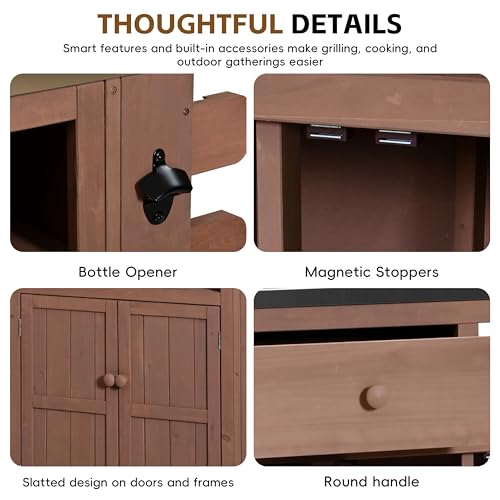 Outdoor Solid Wood Kitchen Island with Storage, 28" Extendable Stainless Steel Top Grill Cart, Rolling BBQ Prep Station with Drawers, Spice Rack, Towel Rack for Backyard, Patio, Camping - color: Brown
