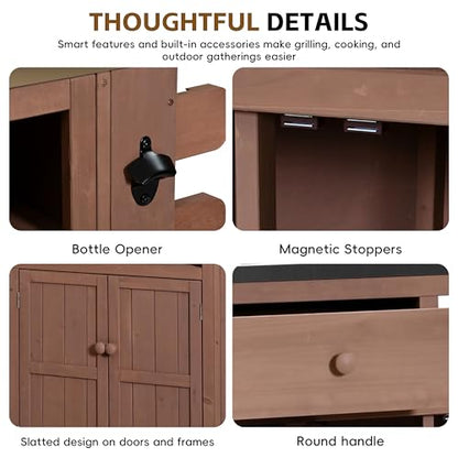 Outdoor Solid Wood Kitchen Island with Storage, 28" Extendable Stainless Steel Top Grill Cart, Rolling BBQ Prep Station with Drawers, Spice Rack, Towel Rack for Backyard, Patio, Camping - color: Brown