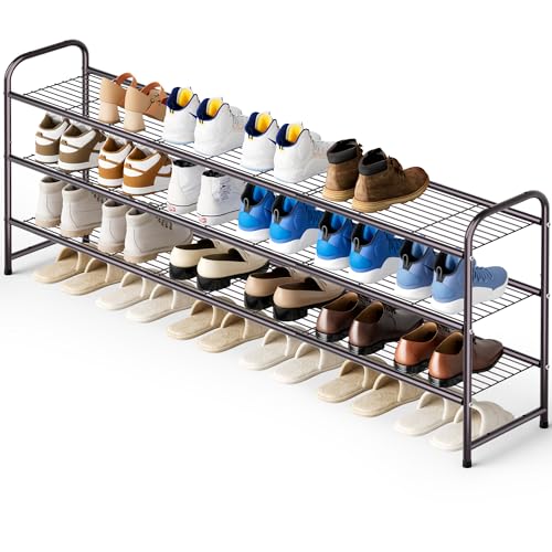 KEETDY Long 3 Tier Shoe Rack for Closet Wide Shoe Storage Organizer Stackable Metal Shoe Shelf for 24 Pairs Men Sneakers with Wire Grid for Closet Floor, Bedroom, Entryway, Bronze - color: Brown, size: 11.4x43x24.4