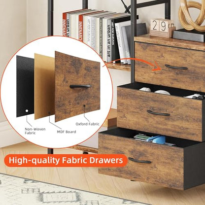 AFLUI Triple Bookshelf with 3 Fabric Drawers, 5-Tier Book Shelf and 10 Display Shelves, Industrial Large Bookcase for Home & Office, Rustic Brown, 47'' Wide - color: Rustic Brown, size: 5 Tier(47" W)