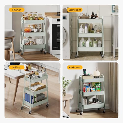 DUMOS 3 Tiers Metal Rolling Utility Cart with Lockable Wheels, Mobile Storage Organizer, Utility Shelving Unit for Kitchen, Office, Bathroom, Laundry, Narrow Places, Light Green - color: 3-tier Green