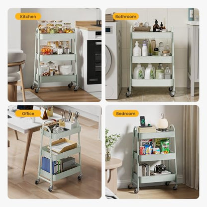 DUMOS 3 Tiers Metal Rolling Utility Cart with Lockable Wheels, Mobile Storage Organizer, Utility Shelving Unit for Kitchen, Office, Bathroom, Laundry, Narrow Places, Light Green - color: 3-tier Green