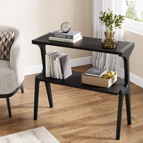 Tribesigns 2-Tier Solid Wood Side Table, Modern Black End Table with Storage Shelves, Tall Slim Side Table for Couch with Unique Legs, Long Bedside Table for Bedroom, Living Room - color: Black