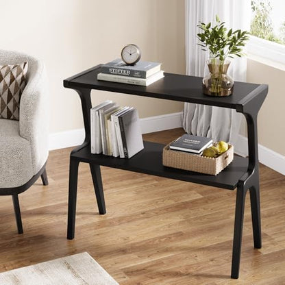 Tribesigns 2-Tier Solid Wood Side Table, Modern Black End Table with Storage Shelves, Tall Slim Side Table for Couch with Unique Legs, Long Bedside Table for Bedroom, Living Room - color: Black