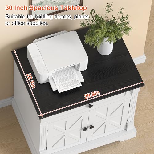 Farmhouse Printer Stand with Storage, 29.9" Wide Home Office Printer Cabinet with Drawer & Barn Doors, Wood Accent Cabinet Nightstand End Table for Living Room Bedroom, Black Top & White Finish