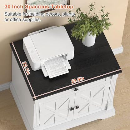 Farmhouse Printer Stand with Storage, 29.9" Wide Home Office Printer Cabinet with Drawer & Barn Doors, Wood Accent Cabinet Nightstand End Table for Living Room Bedroom, Black Top & White Finish