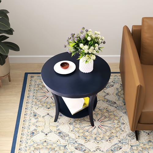 Roundhill Furniture Perth Contemporary Round End Table with Shelf - color: Navy Blue