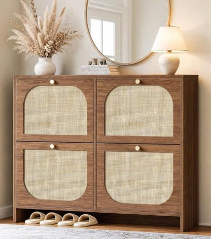Freestanding Ultra Slim Arched Accent Entryway Shoe Storage - 4 Flip Drawers & 3-Tier Adjustable Shelves, Modern Slim Shoe Cabinet for Hallway, Foyer (flip Down Shoe Cabinet | Amber Oak) - color: Brown