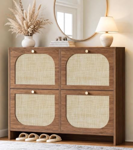 Freestanding Ultra Slim Arched Accent Entryway Shoe Storage - 4 Flip Drawers & 3-Tier Adjustable Shelves, Modern Slim Shoe Cabinet for Hallway, Foyer (flip Down Shoe Cabinet | Amber Oak) - color: Brown