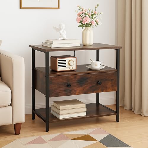 Edbuosy 27 Inch Wide Night Stand with Charging Station, Wood Nightstand with Open Shelf, Large Drawer Bedside Table for Living Room/Bedroom/Office, Retro Brown - color: Retro Brown, size: 27"W-1 Drawer