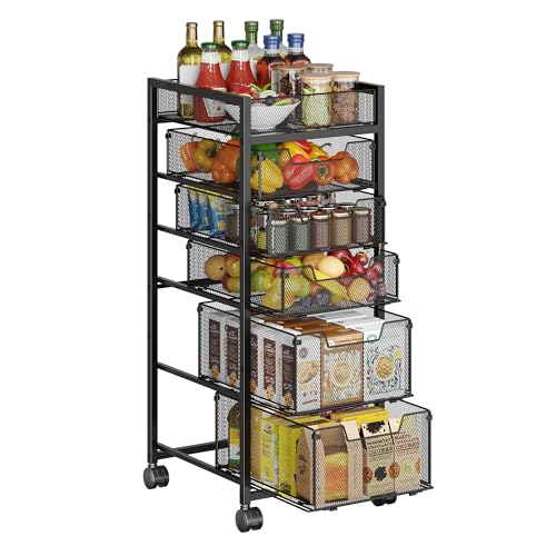 keomaisyto 6-Tier Kitchen Storage Cart with Top Basket & Drawers, Utility Fruit Vegetable Storage Rack on Lockable Wheels, Metal Rolling Snack Cart, Kitchen Organization for Potatoe Onion Can Spice - size: 6-Tier