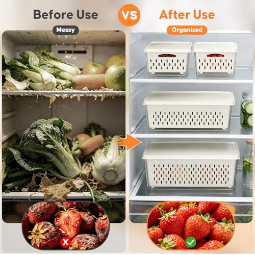 Fruit Storage Containers for Fridge, 4 Pack Plastic Food Storage Container | Fruit Containers Set with Removable Colander, Produce Saver Keep Berry Fruits Vegetables Meet Fresh Longer, Dishwasher Safe