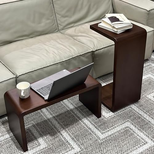 H24.4in C Shaped End Table, Solid Wood Sofa Side Table for Couch/ Bed/Living Room, Space-Saving Small Snack Table for Bedroom, Office, or Balcony, Wooden Nightstand for Laptop and Narrow Spaces - color: H 24.4″ - Brown, size: 2