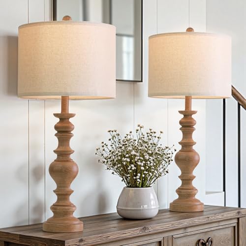 BOBOMOMO 27" Light Brown Table Lamps Set of 2, Large Farmhouse Resin Lamps with Linen Shades, Rustic Vintage Lamps for Living Room, Bedroom, Console Table or Entryway Home Lighting - color: Light Brown, size: Large-27"