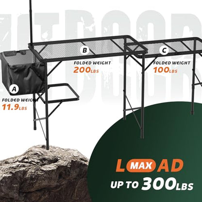 WildFinder Folding Table with Sink and Double Shelf, Camping Table Height Adjustable Folding Grill Table, Portable Outdoor Table for Picnic,Camping,BBQ,Beach,69 x20 x32 Inches(Black) - size: 5.7x2FT(Cooking Station)