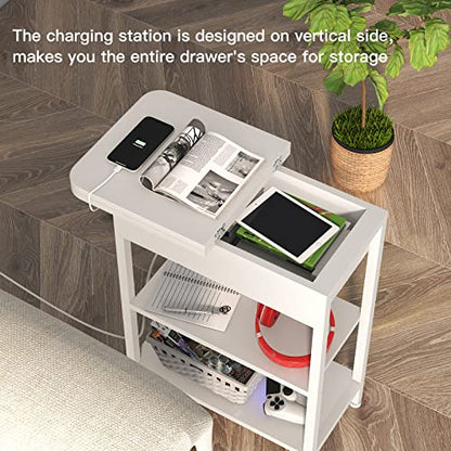 LIDYUK End Table with Charging Station, Flip Top Side Table with USB Ports and Outlets, Nightstand for Small Spaces, Bedside Tables with Storage Shelf for Living Room, Bedroom, White | Equipped with USB Ports and Outlets, Nightstand for Small Spaces, Beds