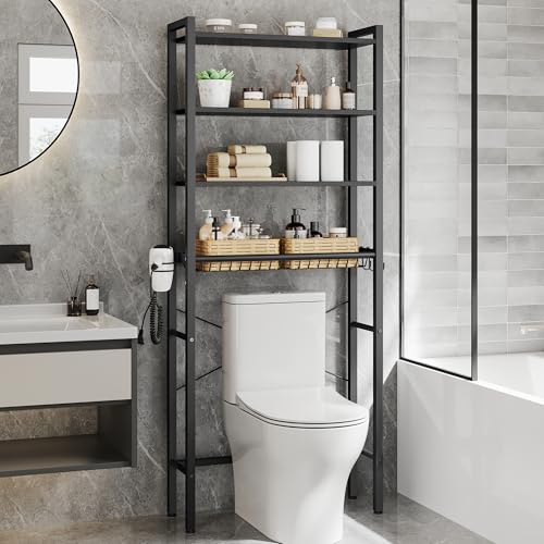 VASAGLE BARNET Collection - Over the Toilet Storage, Over Toilet Bathroom Organizer with Adjustable Shelves and Basket, 3 Hooks, Space Saving, 9.4 x 23.6 x 68.1 Inches, Ebony Black UBTS114BE01S - color: Ebony Black, style: 4 Tiers (68.1" H)