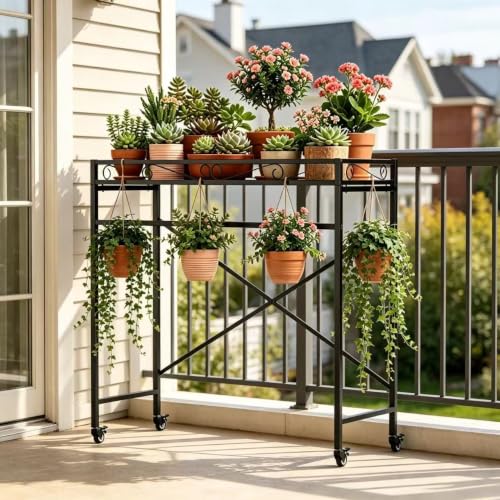 Zhongma 1 Tier Window Height Sturdy Metal Plant Stand with Wheels, 40.5x16x40.4 in High, Heavy Duty Succulent Shelf for Home Indoor and Outdoor, 220 LBS Capacity & Heavy Duty Construction - color: 1 Tier 40.5x16x40.4 Inch High