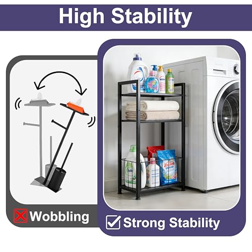 Free Standing Toilet Paper Holder with Shelf, Adjustable Feet Bathroom Toilet Paper Holder Stand for Narrow Space, Roll Dispenser Tissue Holder, Holds Multiple Rolls and Keeps Paper Dry and Clean - color: Black