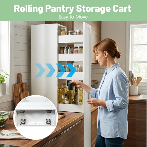 6-Tier Slim Rolling Cart, White | Wooden Spice Rack on Wheels, Mobile Storage Shelving Unit, For Kitchen, Bathroom & Laundry, Narrow Pull-Out Pantry Organizer