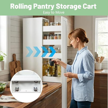 6-Tier Slim Rolling Cart, White | Wooden Spice Rack on Wheels, Mobile Storage Shelving Unit, For Kitchen, Bathroom & Laundry, Narrow Pull-Out Pantry Organizer
