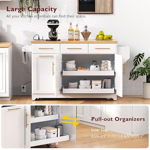 60" Kitchen Island with Trash Can Storage Cabinet and Power Outlet | Rolling Kitchen Cart on Wheels with Rubber Wood Drop Leaf Top, Spice Rack, Towel Rack and Adjustable Shelf, White - color: White
