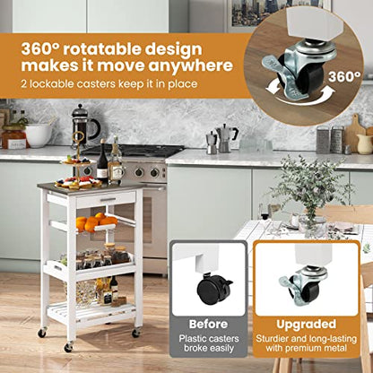 Giantex Kitchen Island Cart, Rolling Kitchen Storage Cart with Stainless Steel Tabletop, Drawer, Basket and Shelf, Utility Service Cart on Wheels for Restaurant Hotel