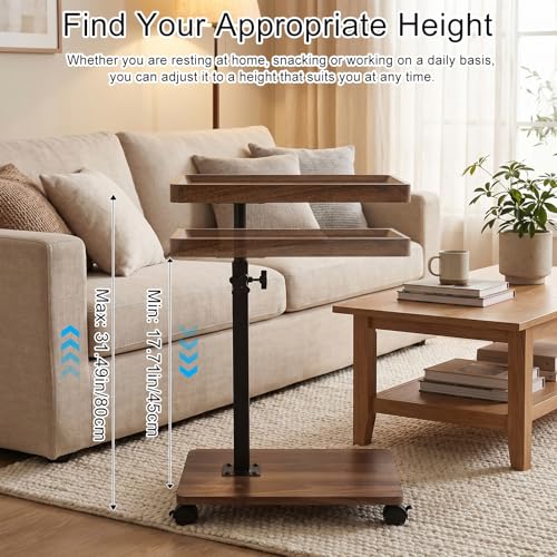 Simcat C Table End Table Adjustable Height, 360° Swivel TV Tray Table for Small Spaces, Couch Tables that Slide Under, C Shaped End Tables with Wheels for Couch Living Room Bedside TV(Walnut) - color: Walnut