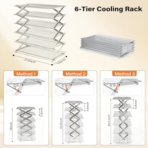 6 Tier Upgraded Collapsible Cooling Rack with Adjustable 3 Setting Design, Stackable Baking Rack with Clean Brush, Roasting Cooking Drying Wire Cooling Rack for Cookies Baking Roasting ＆ Grilling - color: Silver