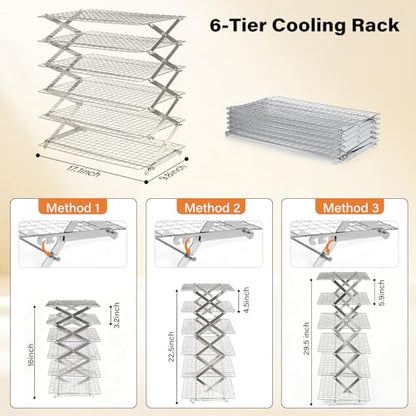 6 Tier Upgraded Collapsible Cooling Rack with Adjustable 3 Setting Design, Stackable Baking Rack with Clean Brush, Roasting Cooking Drying Wire Cooling Rack for Cookies Baking Roasting ＆ Grilling - color: Silver