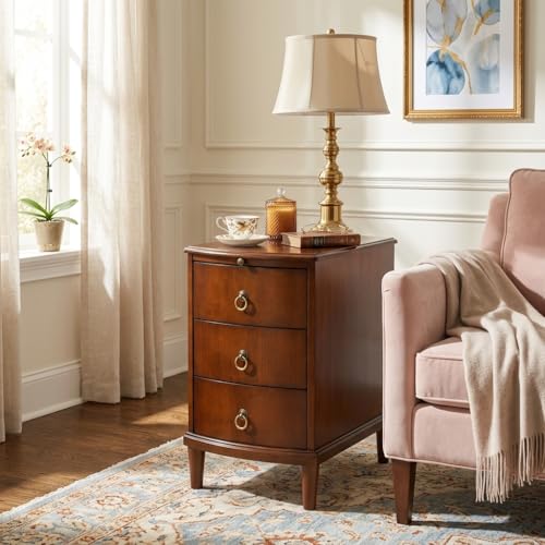 Narrow End Side Table with 3-Drawer and Pull-Out Tray, No-Tools Assembly Beside Table for Living Room, Slim Nightstand with Wood Legs, Sofa Side Tables, 23”W x 22”L x 22.6”H Caramel Brown BG-A1569-MG - style: 1*End Table with 3 Drawers