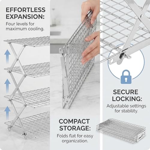 4-Tier Collapsible Cooling Rack for Baking | Adjustable Stackable Wire Rack for Cookies, Cakes & Roasting | Space-Saving Foldable Design for Small Kitchens & Camping (Silver) - color: Silver
