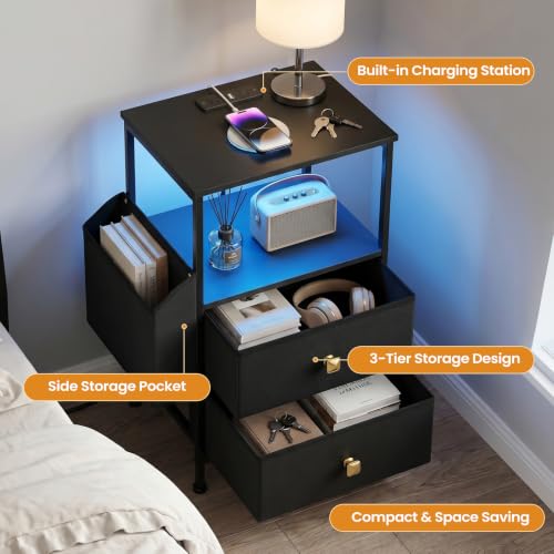 MALOL Night Stand with Charging Station & Led Light Strip, Bedside Table with Open Shelf & 2 Fabric Drawers and Reversible Side Storage Pocket, Modern End Table Bedroom,Living Room,Black - color: Black, size: Set of 1