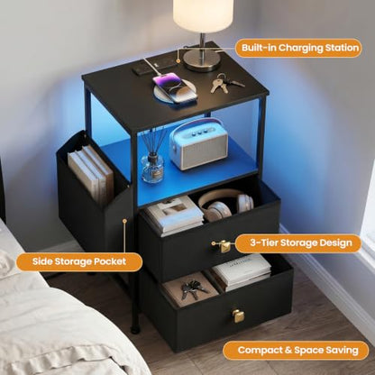 MALOL Night Stand with Charging Station & Led Light Strip, Bedside Table with Open Shelf & 2 Fabric Drawers and Reversible Side Storage Pocket, Modern End Table Bedroom,Living Room,Black - color: Black, size: Set of 1