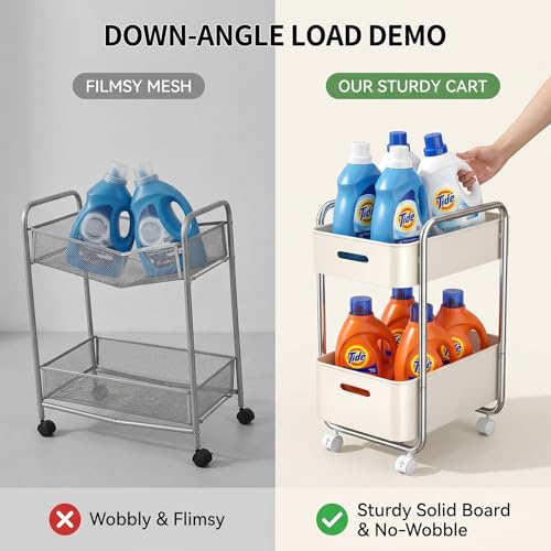PureBox 2-Tier Metal Rolling Utility Cart with Slide-Out Drawer,Sturdy Solid Board Utility Cart for Under Desk,with Lockable Wheels Mobile Storage Organizer for Office,Living Room,Kitchen,Cream White