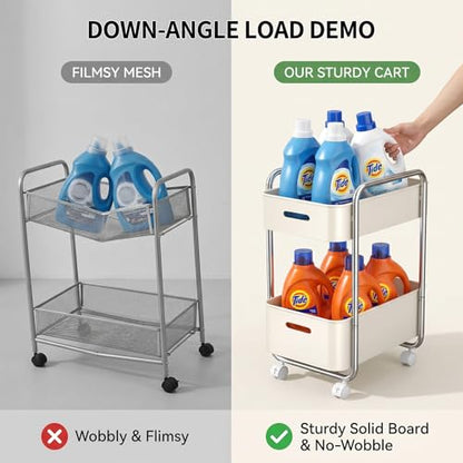 PureBox 2-Tier Metal Rolling Utility Cart with Slide-Out Drawer,Sturdy Solid Board Utility Cart for Under Desk,with Lockable Wheels Mobile Storage Organizer for Office,Living Room,Kitchen,Cream White