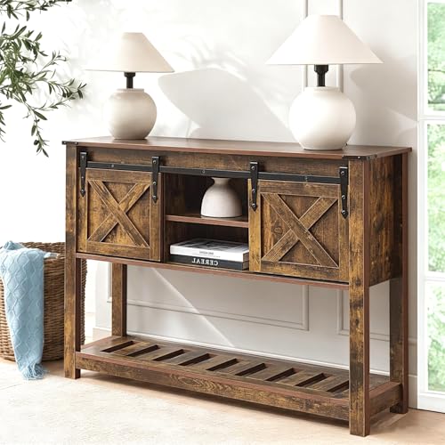 Brown Farmhouse Entryway Table, Rustic Hallway Table with Storage Shelf, Sofa Table with Sliding Barn Doors for Hallway, Entryway, Living Room, Foyer - color: Brown