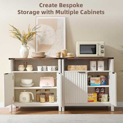BuildHom 32 Inch Fluted Sideboard Buffet Cabinet with Storage Antique White | Coffee Bar Cabinet with Open Shelf and 5-Level Adjustable Shelves, Farmhouse Storage Cabinet for Kitchen and Dining Room - color: Antique White