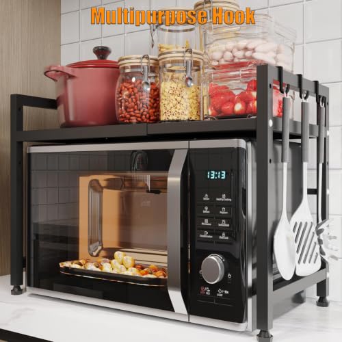 Extendable Microwave Oven Stand, Adjustable Microwave Rack Toaster Shelf, Heavy Duty Rack 2 Tier Kitchen Counter Top Organizer with 6 Hooks for Kitchen - color: Black