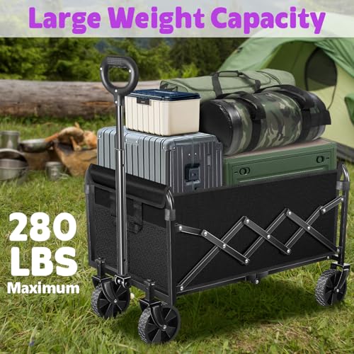 Wagons Carts Foldable,280 LBS Large Capacity Foldable Wagon Cart Collapsible Wagon with Wheels & Drink Holders,Utility Folding Cart for Camping Garden Beach Picinic Grocery Outdoor Shopping(Black) - size: 280LBS