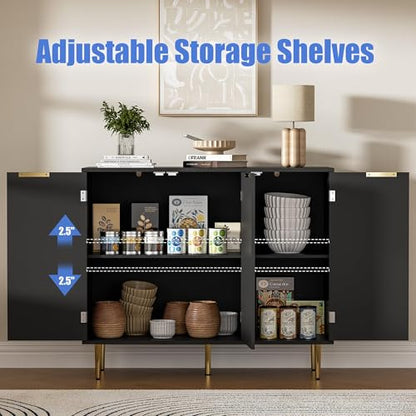 Housoul Fluted Sideboard Buffet Cabinet with 3 Doors, Black | Kitchen Storage Cabinet with Adjustable Shelves & Golden Handles, Modern Accent Cabinet, Coffee Bar for Kitchen, Living Room - color: Black