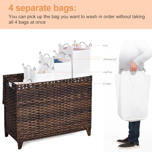 Laundry Hamper with 4 Removable Liner Bags; 176L Handwoven Rattan Laundry Basket with Lid & Heightened Feet; Clothes Hamper with Side Handles - color: Brown, size: 176L-4 Section